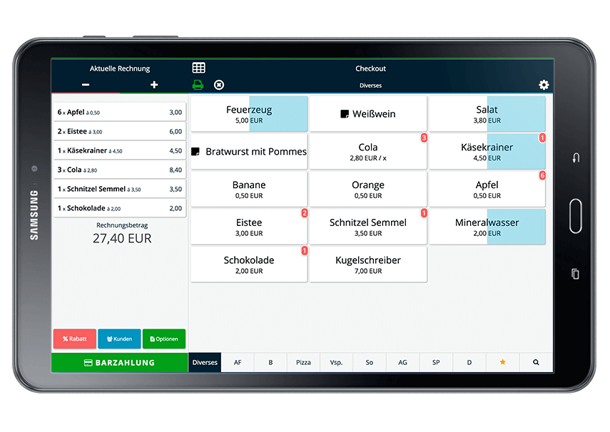 Mobile Registrierkasse auf Samsung Tablet