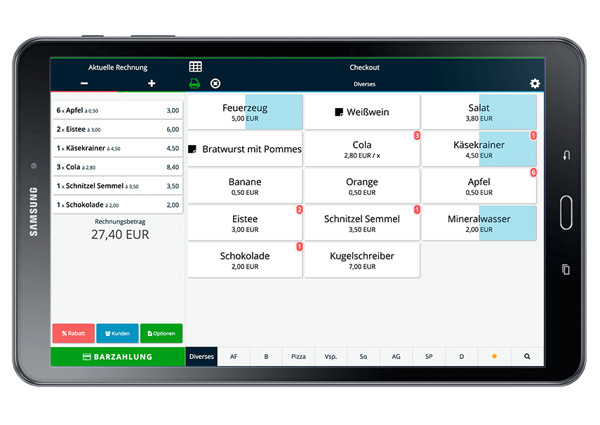 Tablet Registrierkasse Mobile Registrierkasse auf Samsung Tablet