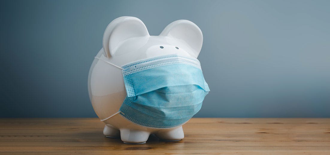 Corona Überbrückungshilfen Sparschwein mit Mund-und-Nasen-Schutz