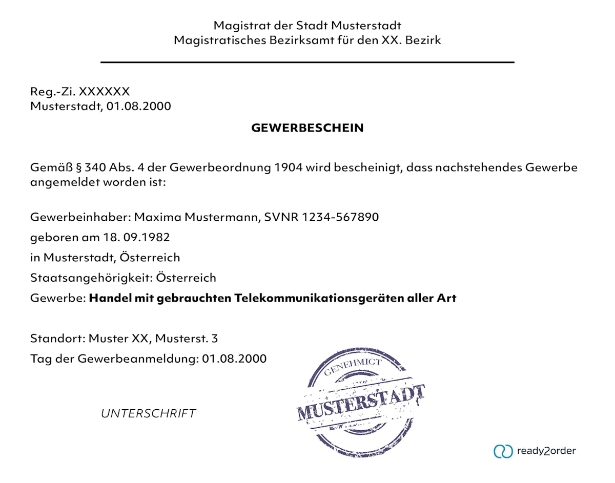 Gewerbeschein (Muster) Gewerbeschein (Muster)