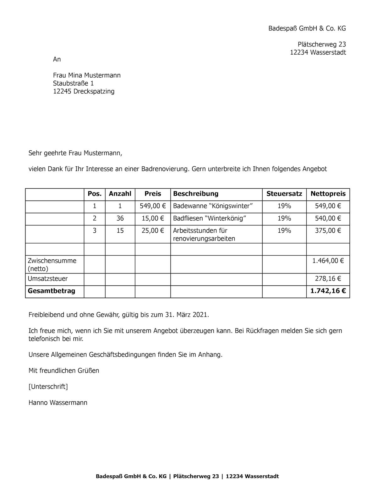 Muster / Vorlage Angebot Muster / Vorlage Angebot