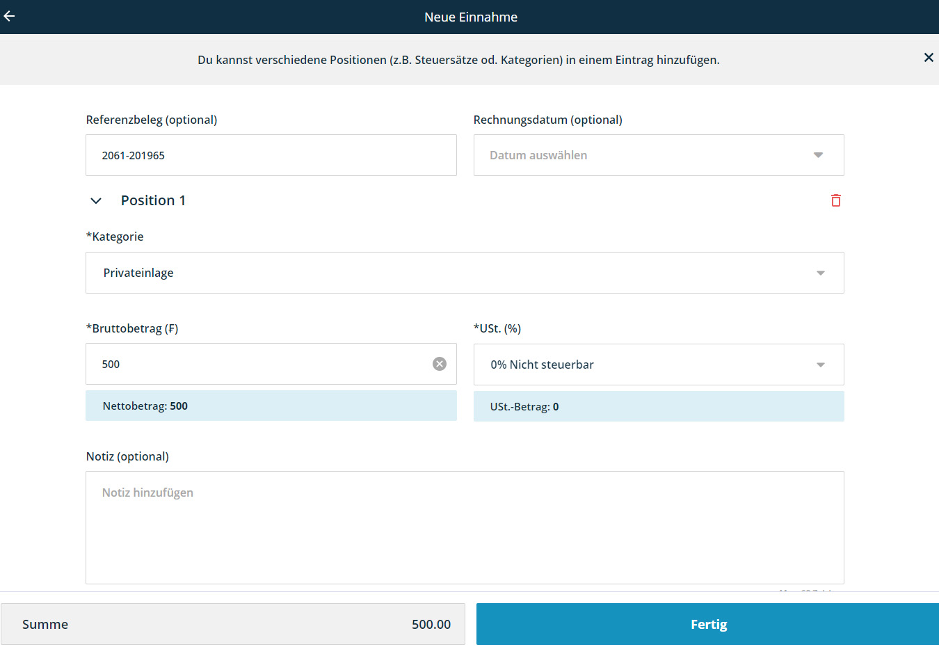 Einfach und schnell Kassenbucheintrag hinzufügen, ready2order Schweiz