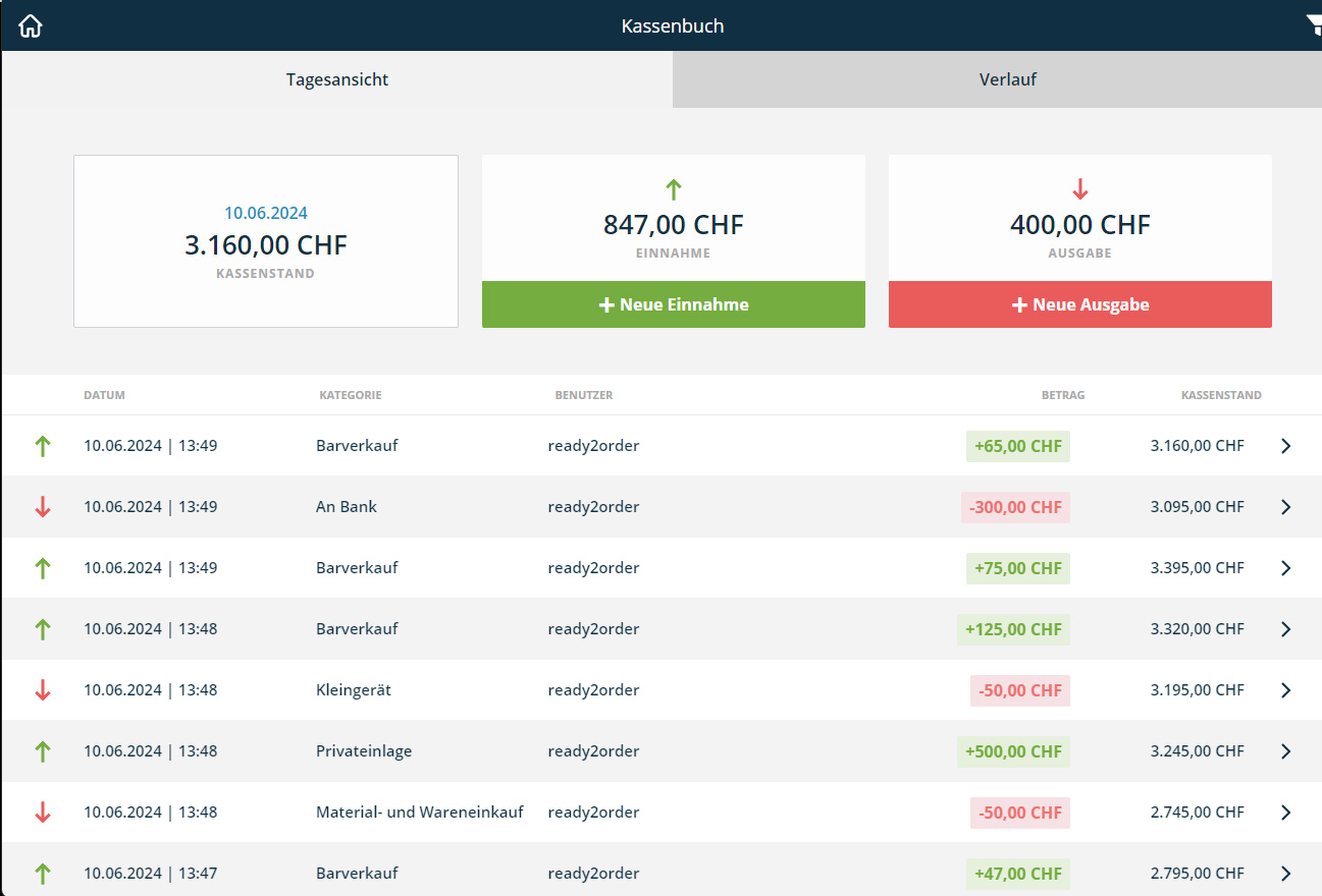 Kassenbuch NEU, ready2order Kassensystem Schweiz