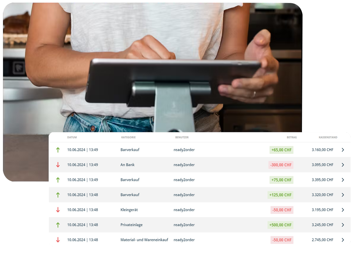 Kassenbuch im Tablet- oder PC-Format, ready2order für die Schweiz