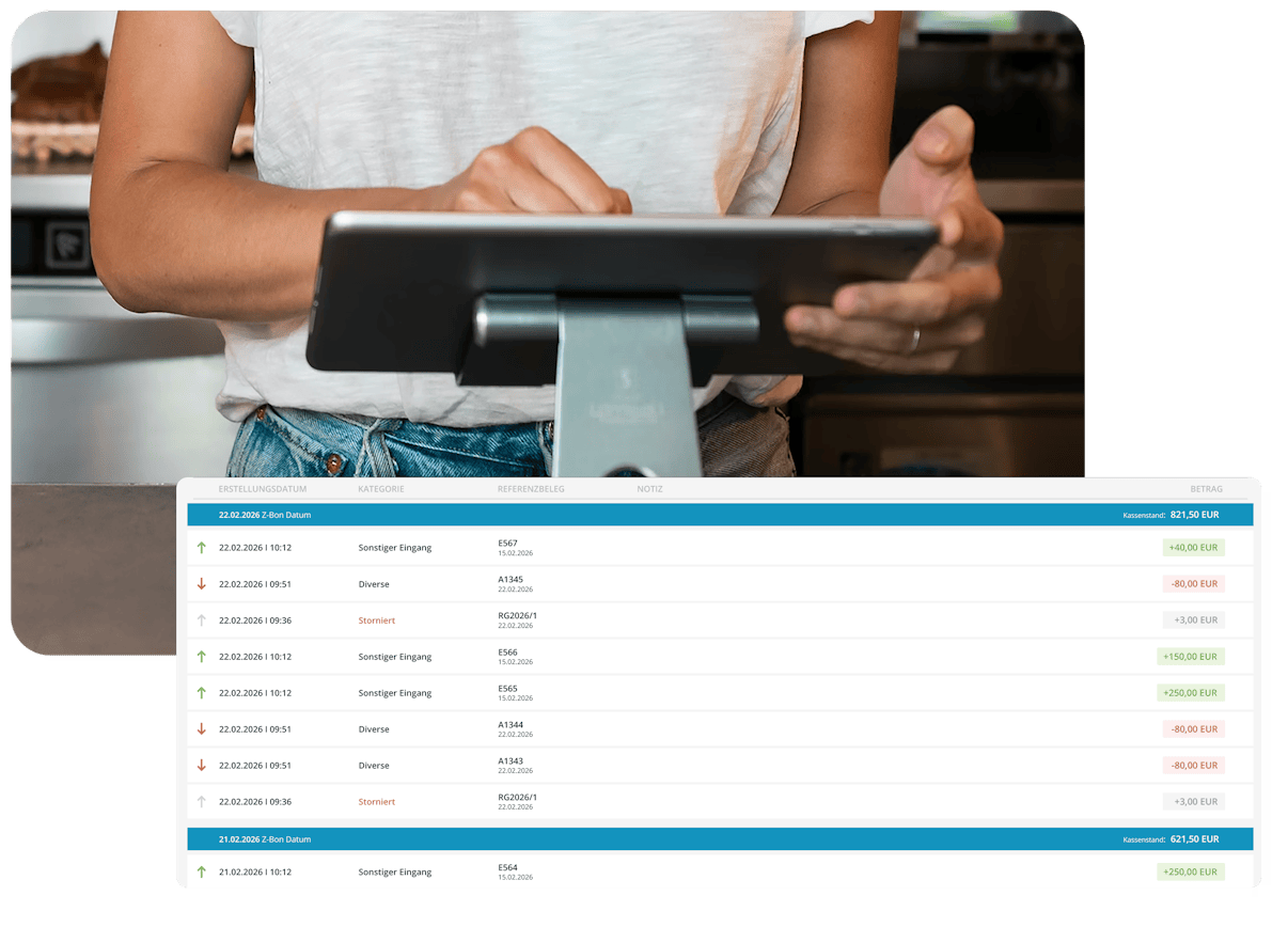 Kassenbuch Transaktionen eine Angestellte bedient ein Tablet und bearbeitet Rechnungen