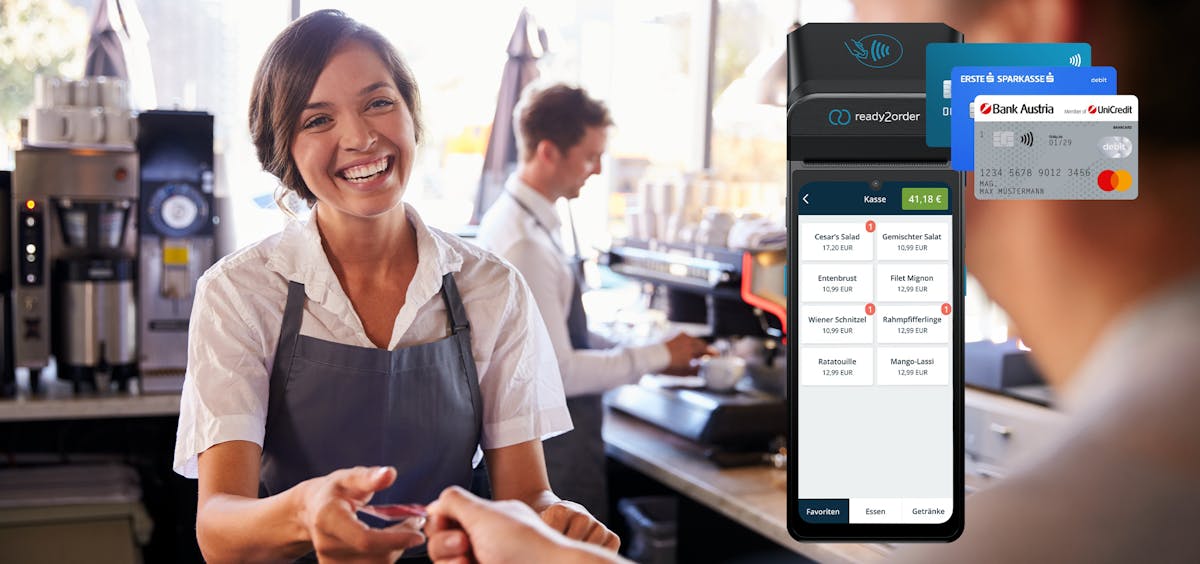 Servicekraft nimmt EC-Karte entgegen Servicekraft nimmt EC-Karte entgegen